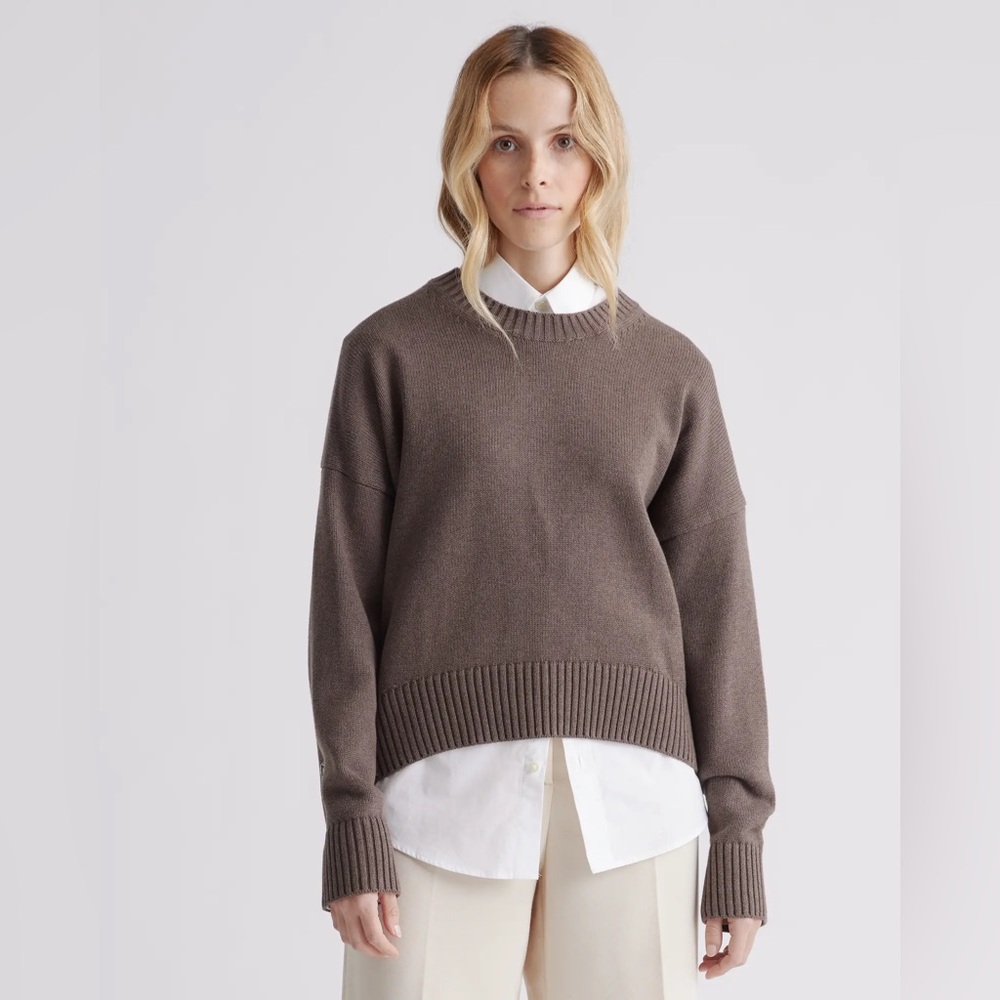 QUINCE 100% Organic Cotton Boyfriend Crew Sweater In Heather brown SMALL